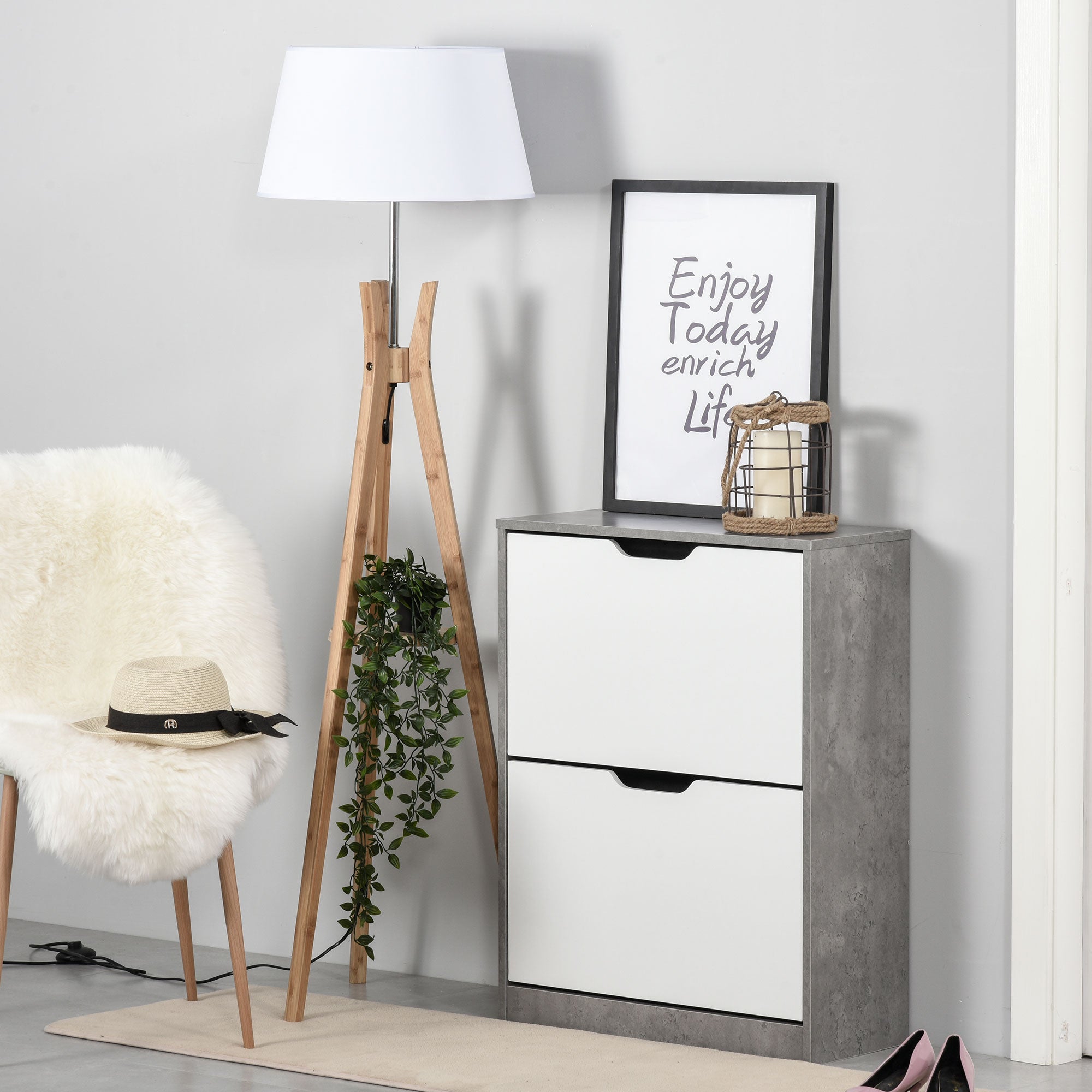 Two Drawer Shoe Cabinet Home Storage Organiser W/ Groove Handles Adjustable Shelves Modern Boxy Rack Hallway Bedroom Furniture