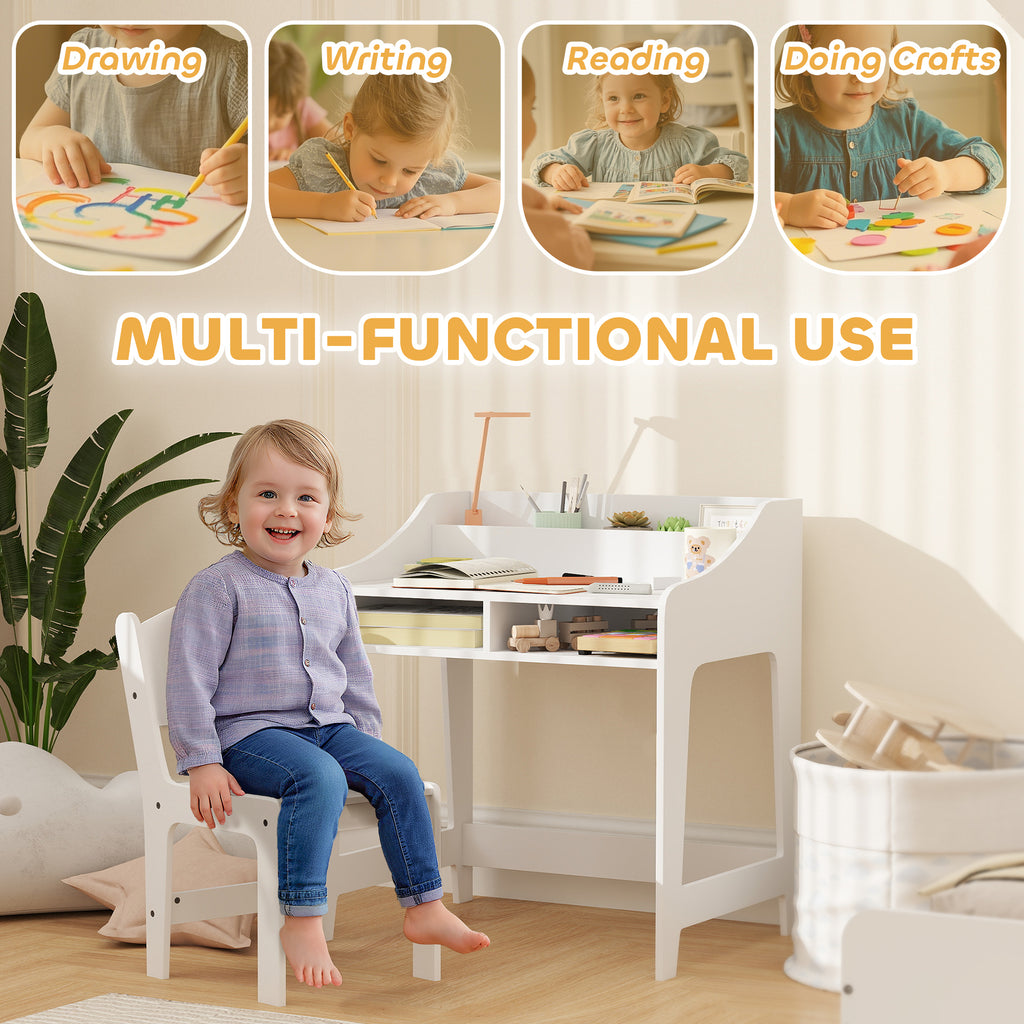 Desk And Chair Set With Storage And Shelves, For Bedroom & Study Room, Gift For 3-8 Years Old, White