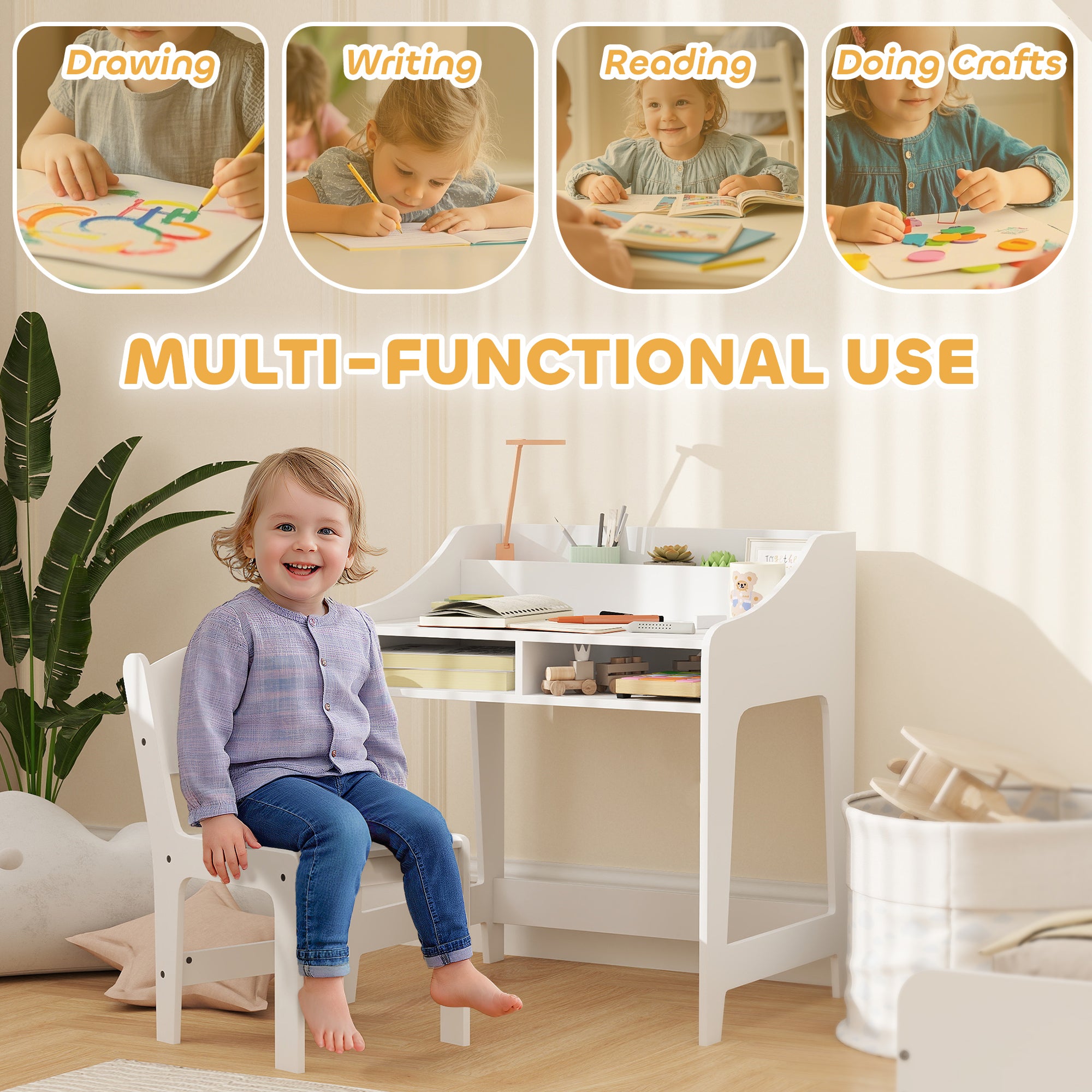 Desk And Chair Set With Storage And Shelves, For Bedroom & Study Room, Gift For 3-8 Years Old, White