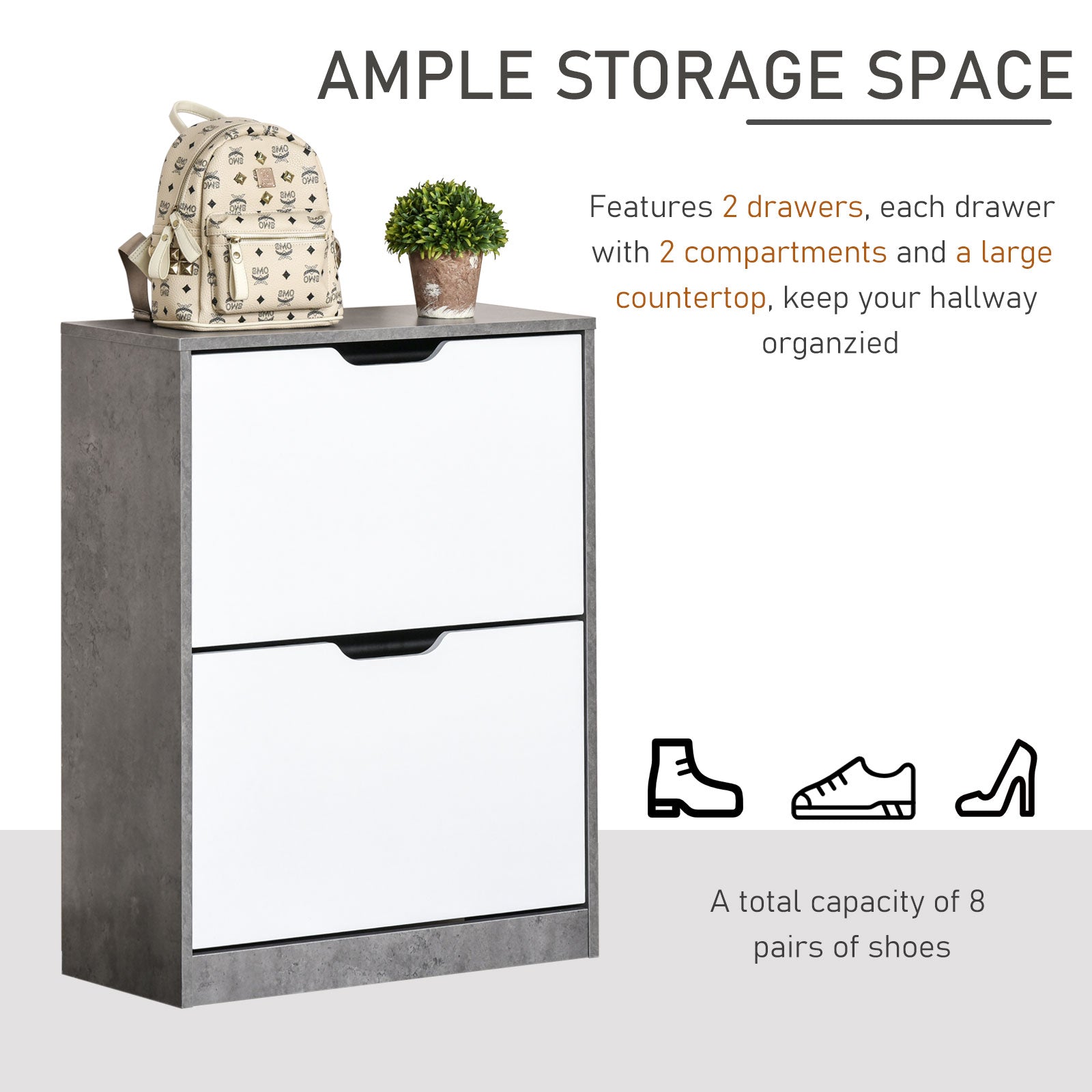 Two Drawer Shoe Cabinet Home Storage Organiser W/ Groove Handles Adjustable Shelves Modern Boxy Rack Hallway Bedroom Furniture