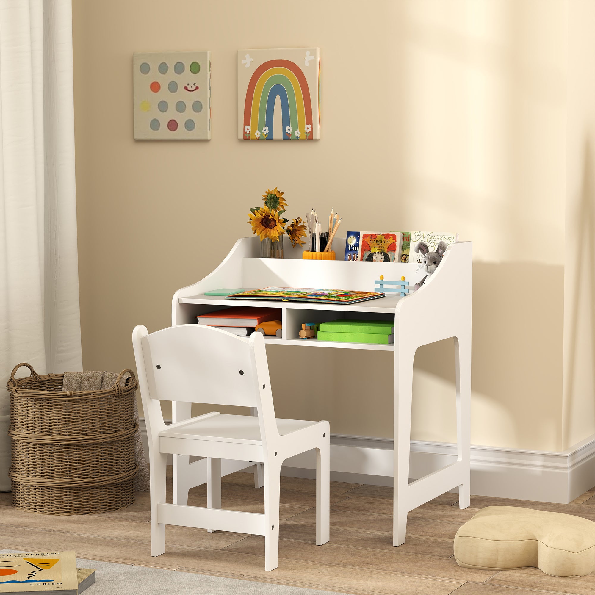 Desk And Chair Set With Storage And Shelves, For Bedroom & Study Room, Gift For 3-8 Years Old, White