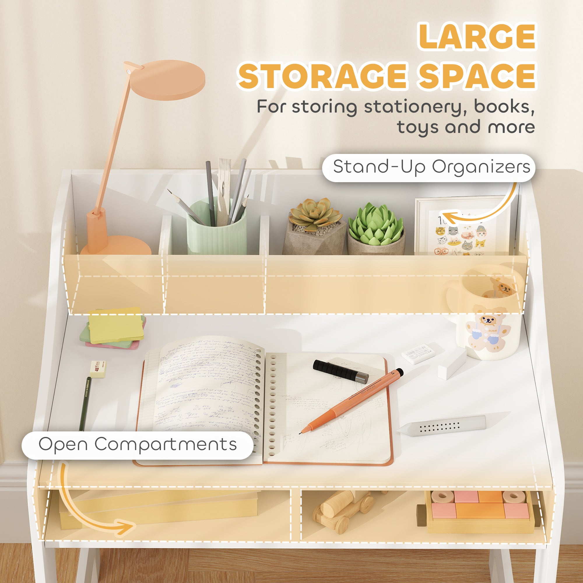 Desk And Chair Set With Storage And Shelves, For Bedroom & Study Room, Gift For 3-8 Years Old, White