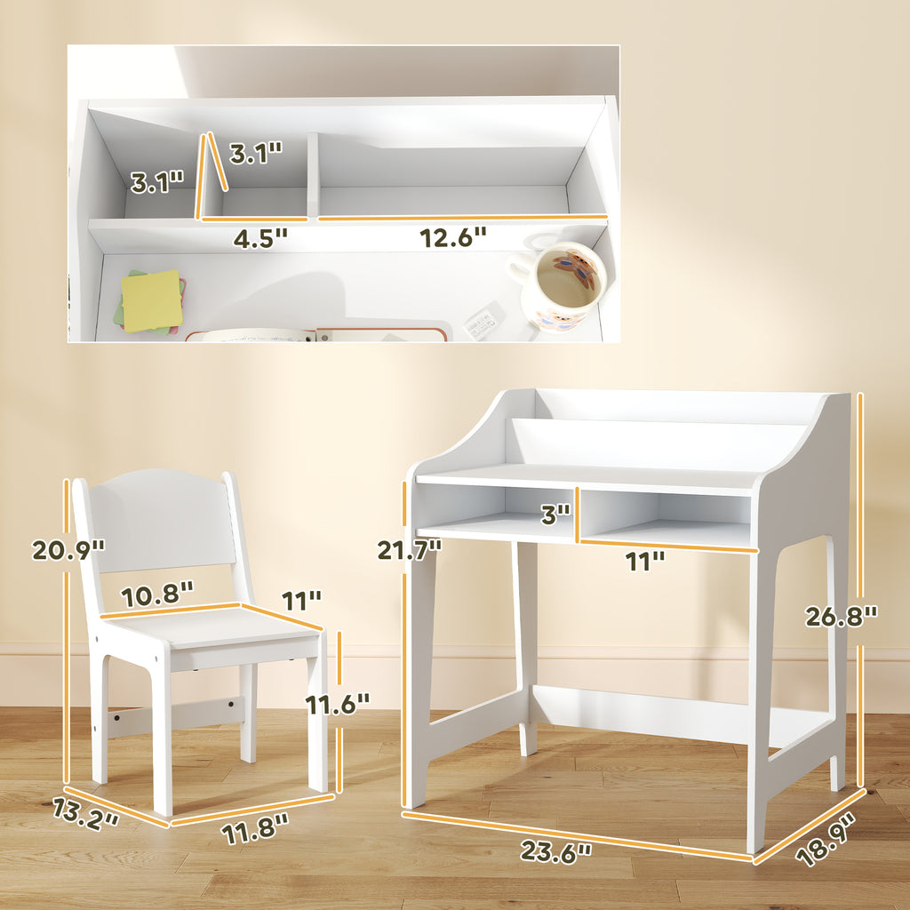Desk And Chair Set With Storage And Shelves, For Bedroom & Study Room, Gift For 3-8 Years Old, White