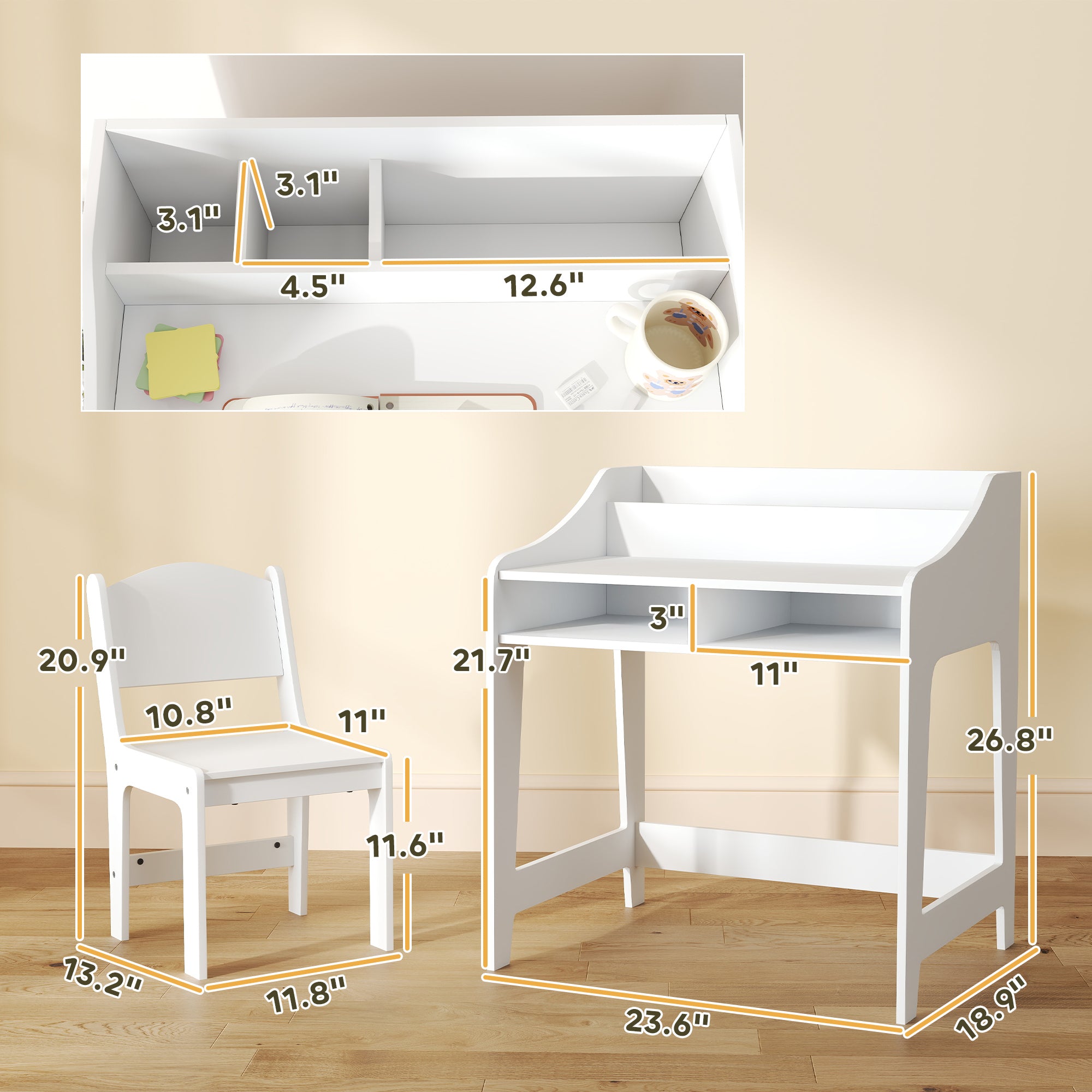 Desk And Chair Set With Storage And Shelves, For Bedroom & Study Room, Gift For 3-8 Years Old, White