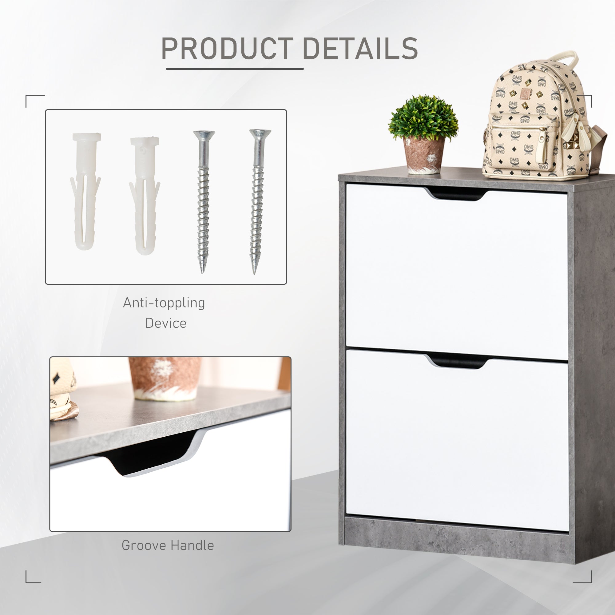 Two Drawer Shoe Cabinet Home Storage Organiser W/ Groove Handles Adjustable Shelves Modern Boxy Rack Hallway Bedroom Furniture