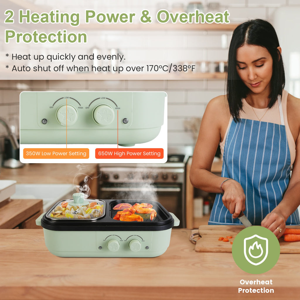1Pc Electric Hot Pot With Grill 2-in-1 Hot Pot And Frying Pan Portable Non-Stick Pot And Griddle Electric Cooker Pot With Glass Lid Fast Heating For 1-2 People BBQ Steaks Noodles