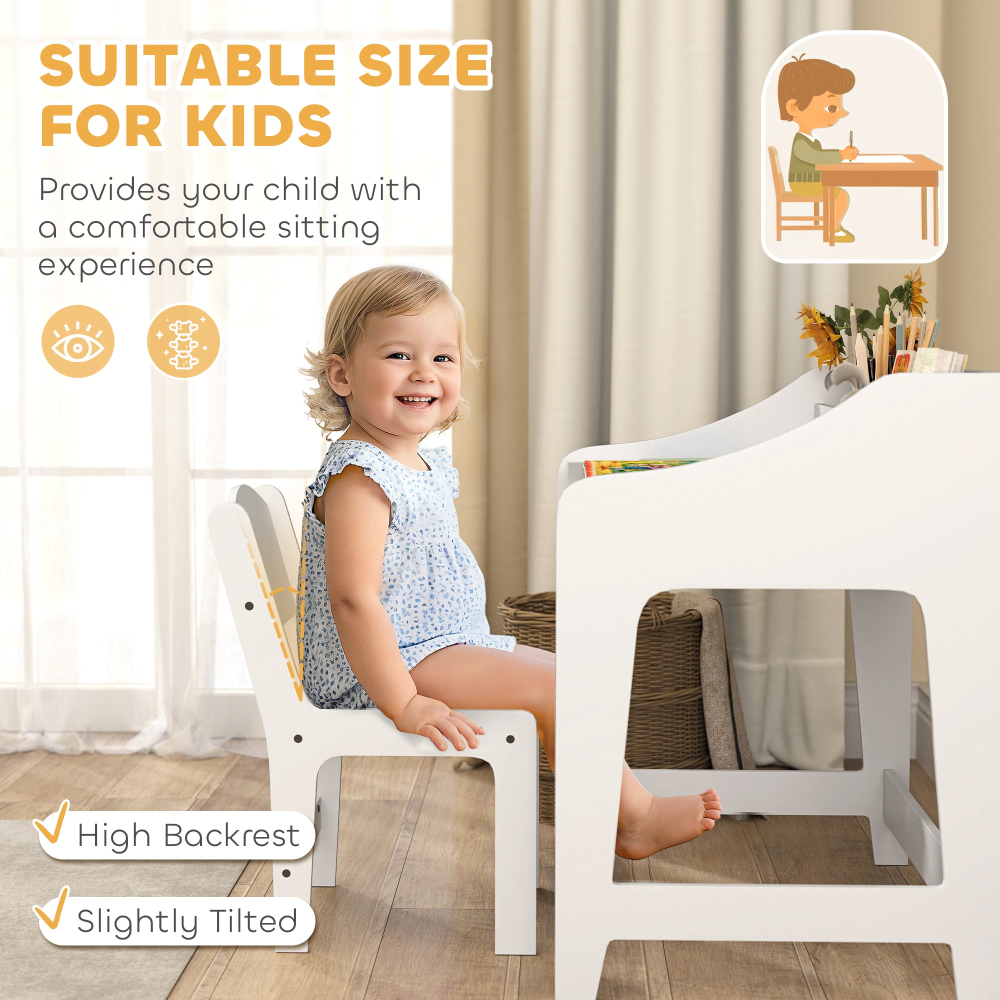 Desk And Chair Set With Storage And Shelves, For Bedroom & Study Room, Gift For 3-8 Years Old, White